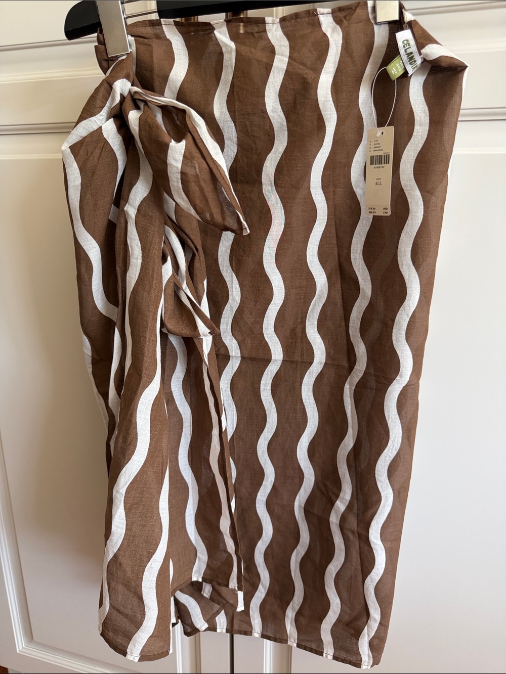 Celandine at Anthro cocoa Brown/white Wave Sarong Skirt/wrap/Scarf OS NWT
